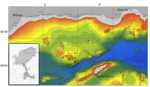 Mapa del mar de Alborán suponiendo el nivel del mar 100 metros por debajo del actual, tal como estaba en las épocas frías del Cuaternario. La plataforma de Alborán era entonces una isla tan grande como la actual Formentera (en el enmarcado, Ibiza y Formen