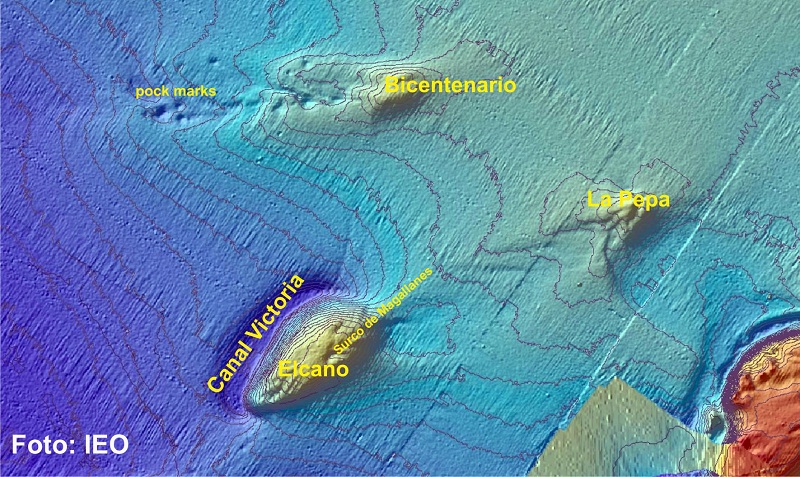 Relieves submarinos visitados con VOR APHIA 2012. Se emplazan en el contexto geológico de la Dorsal Diapírica de Guadalquivir ©IEO