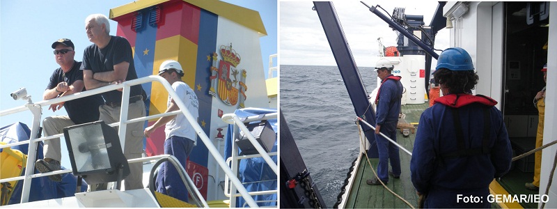 (Izquierda) Luis Gago y José Mª Abreu observan la maniobra de arriado del VOR APHIA 2012 desde la cubierta de popa del puente de gobierno. (Derecha) La tripulación aguarda a que la draga box corer alcance la cubierta de trabajo, a estribor, para recupera
